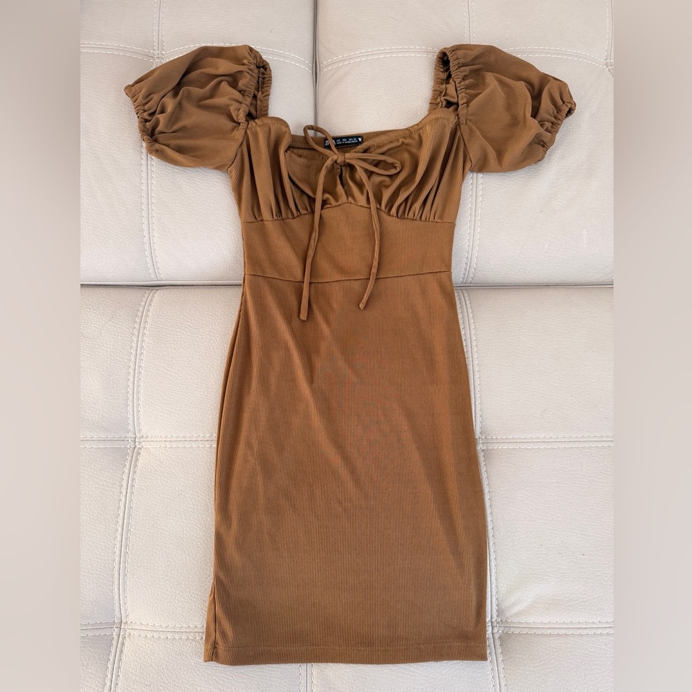 Elegant Brown Puff Sleeve Dress